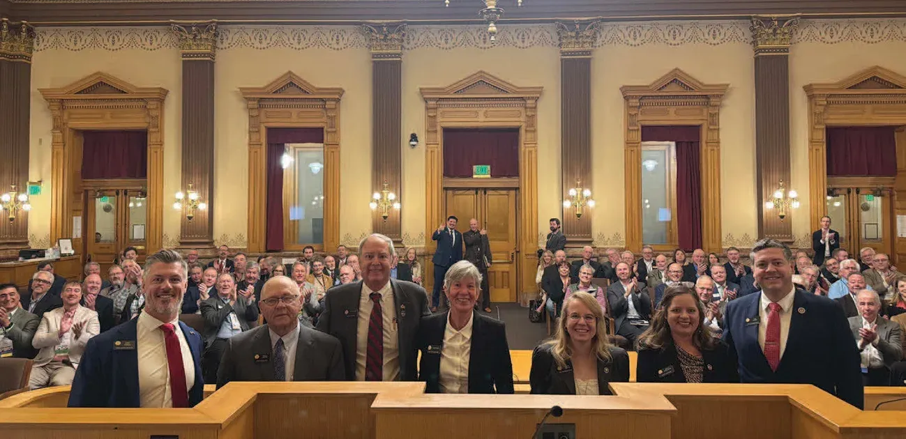 Members of the Colorado General Assembly meet with electric co-op leaders during CREA's Co-op Day at the Capitol. Left to right: Rep. Dan Woog, Sen. Marc Catlin, Sen. Larry Liston, Rep. Lesley Smith, Rep. Dusty Johnson, Sen. Janice Marchman, and Rep. Alex Valdez.